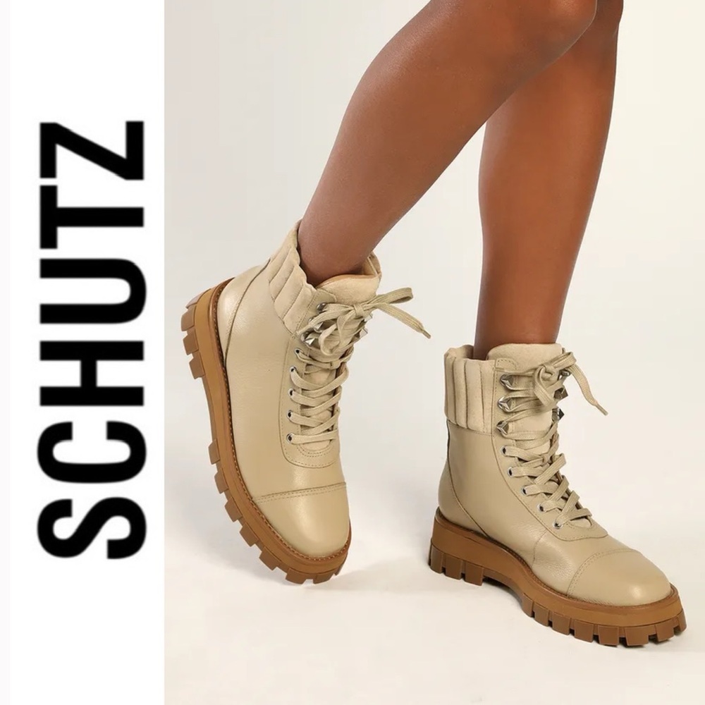 Sutton Oyster Beige Leather Lug Sole Platform Booties by Schutz